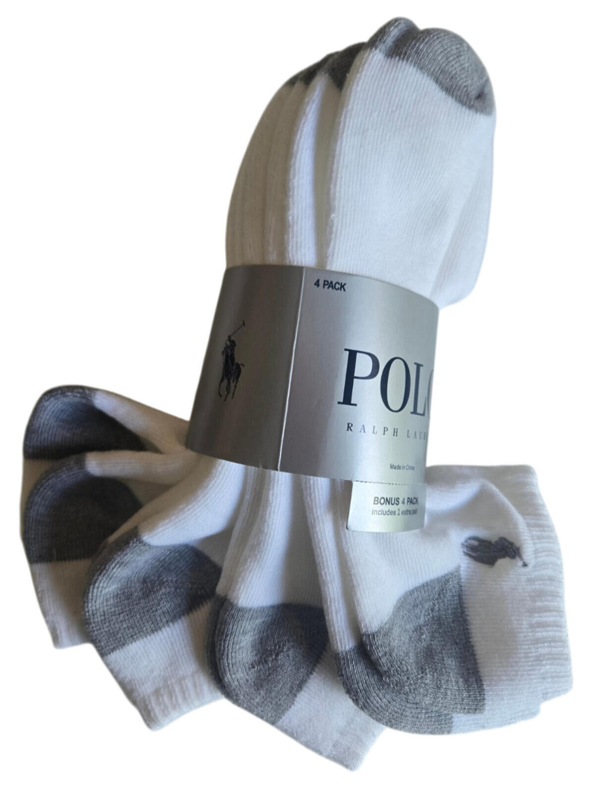 Polo Ralph Lauren Mens Low Cut Socks White With Gray & Pony 4 Pack Nwt